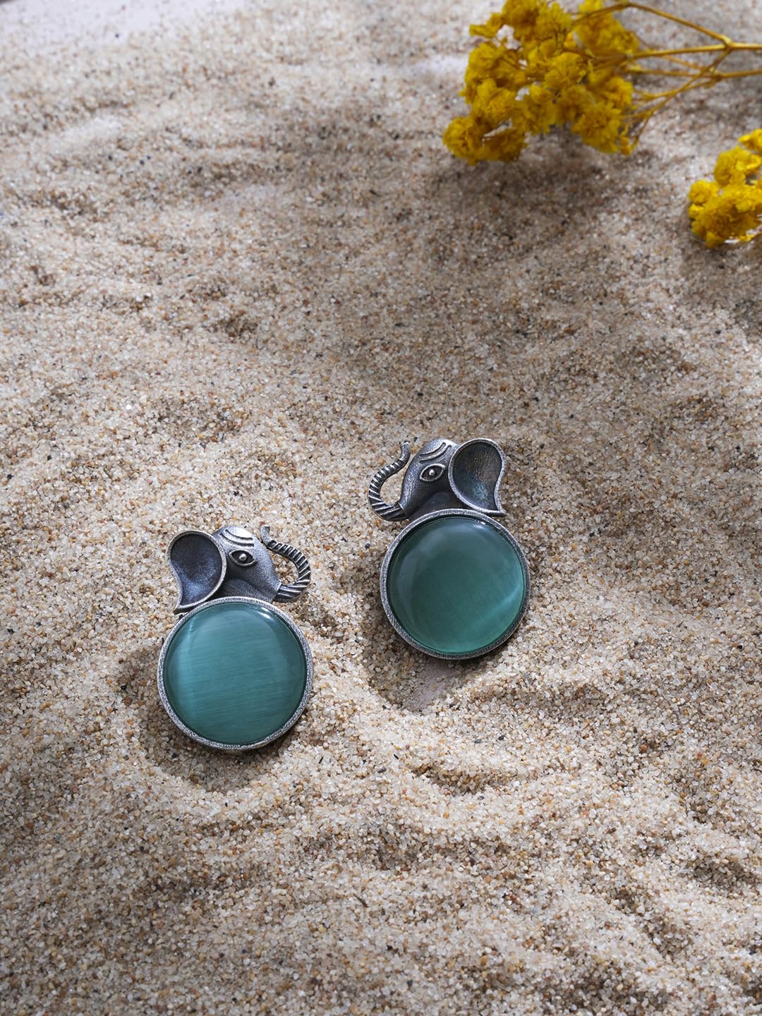 El Regalo 1Pair Oxidized German Silver Ganesha Elephant Stone Stud Earrings- Handcrafted Unique Earrings with Color Stone Options (silky Green)
