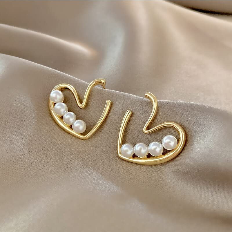 El Regalo Pearl Heart Ear Stud Earrings- Gold Pearl Studs Earrings Love Heart Earrings Jewelry for Women and Girls Gifts