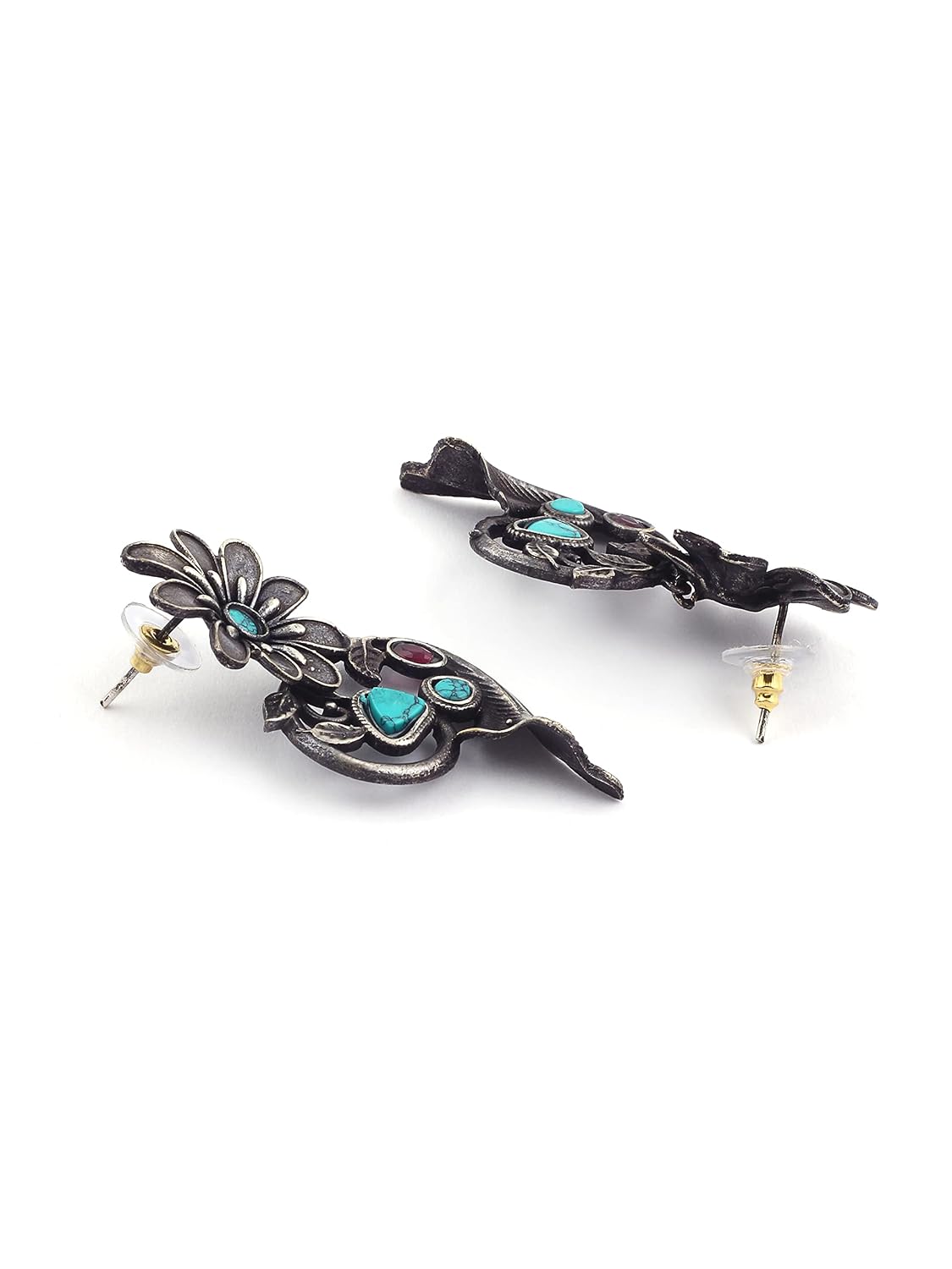 El Regalo Vintage Style Floral Stud Earrings - Bold Statement Earrings for Women - Antique Metallic Finish with Red & Turquoise Green Stones
