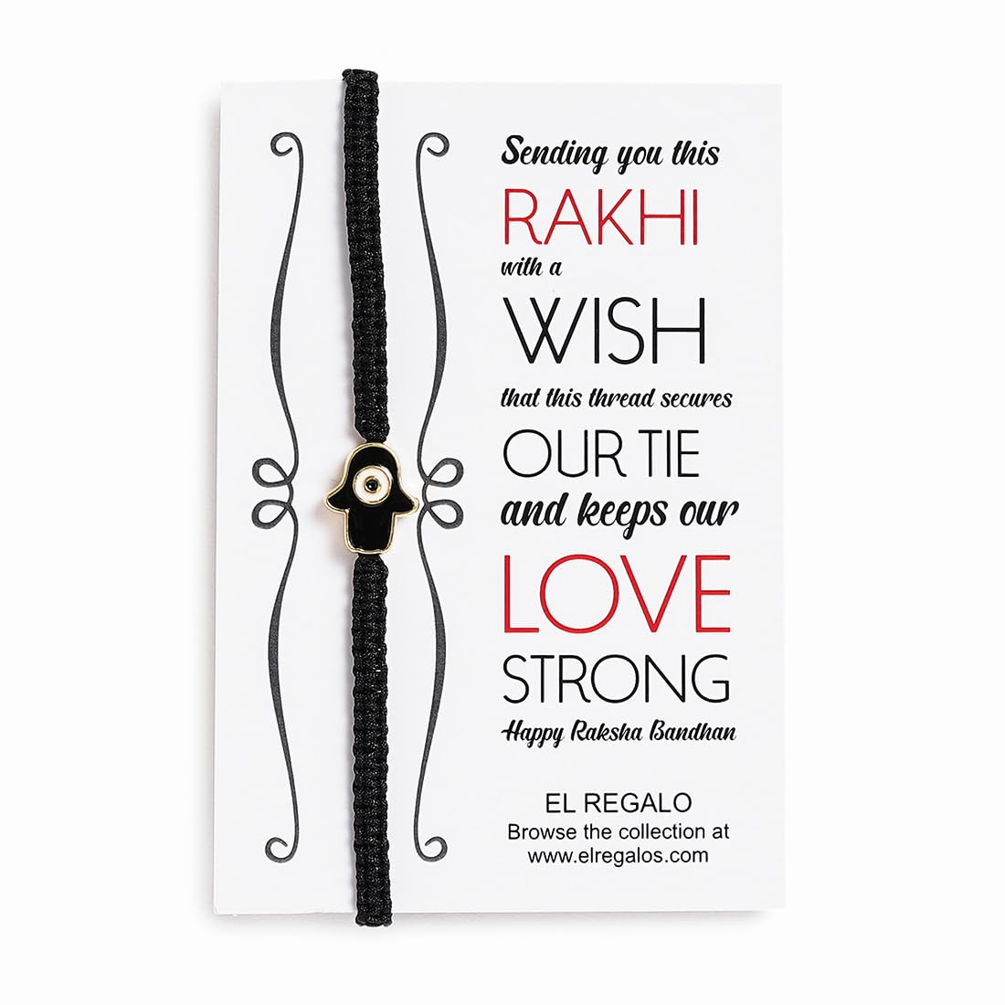 El Regalo 1 PC Hamsa Hand Evil Eye Nazaria Rakhi for Brother- Fancy Evil Eye Rakhi Gift Box with 1 PC Rakhi, Shagun Pack & Rakhi Message Card in Rakhi Gift Box (Black Hamsa Rakhi)