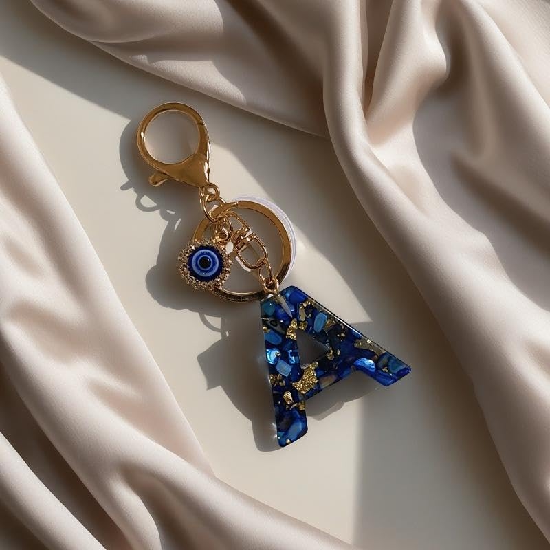 El Regalo Royal Blue Evil Eye Keychain Name Initial Letters- Alphabet Letter Keyring with Evil Eye Charm - Unisex Stylish Bag Charm, Keyring, Gift for Friends & Family (A Letter)