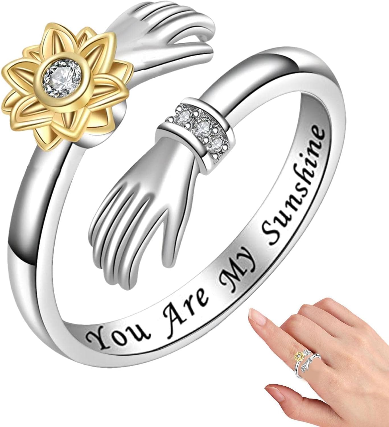 El Regalo Spinner Sunflower Zirconia Hug Ring- Adjustable 360 degrees Rotating Hugging Hands Ring for Girls/Women (You Are My Sunshine)
