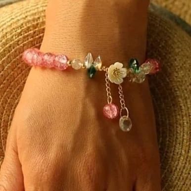 El Regalo Daisy Flower Bracelets- 1PC Crackled Crystal Beads Tassel Flower Charms Bracelet for Girls & Women (Pink)
