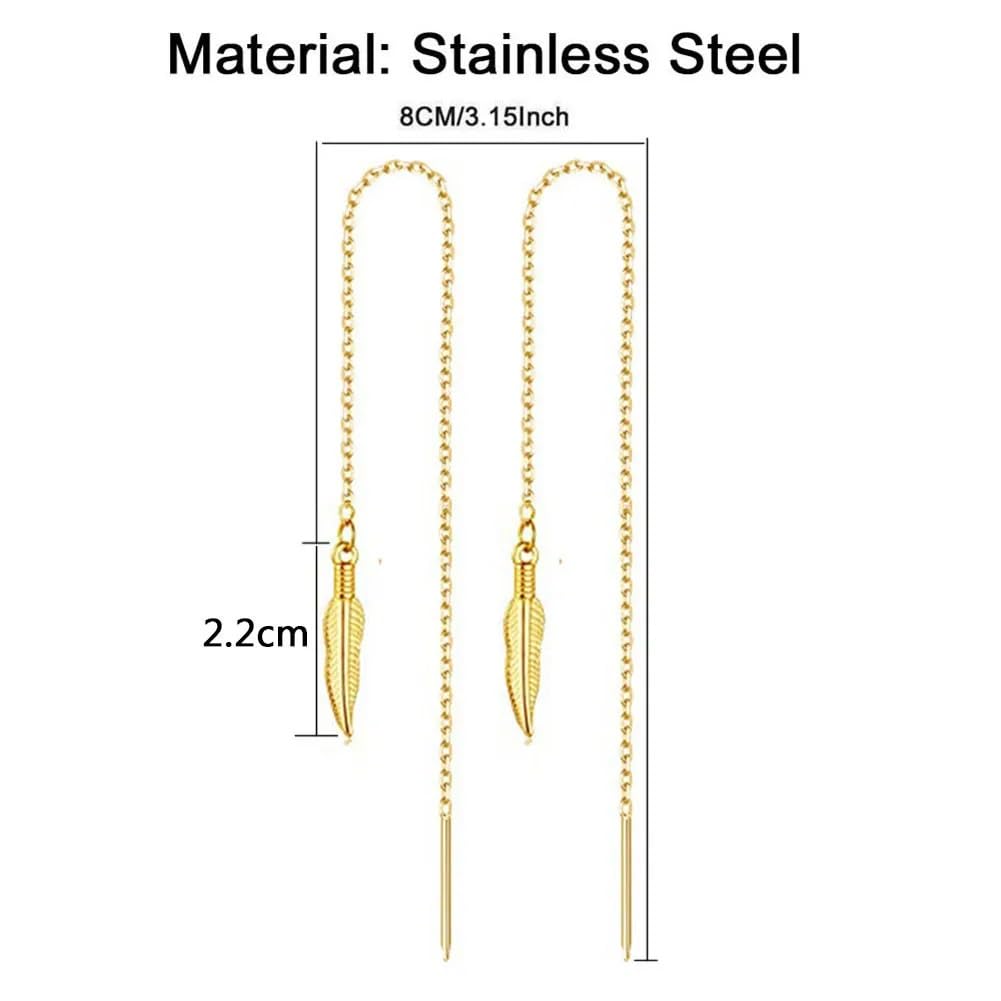 El Regalo Gold Plated Plated Minimalist Long Thin Tassel Elegant Threader Dangle Chain Earrings for Girls & Women (Golden Leaf Threader)