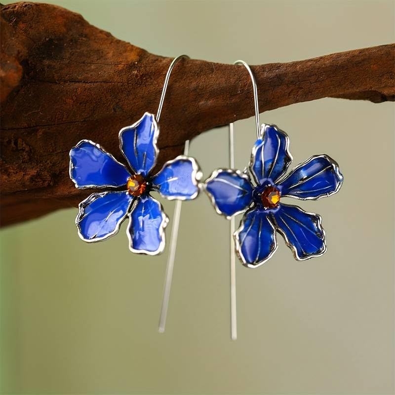 El Regalo Womens Vintage Bohemian Style Enamel Flower Earrings - Silver Tone, Trendy Long Hook Floral Earrings