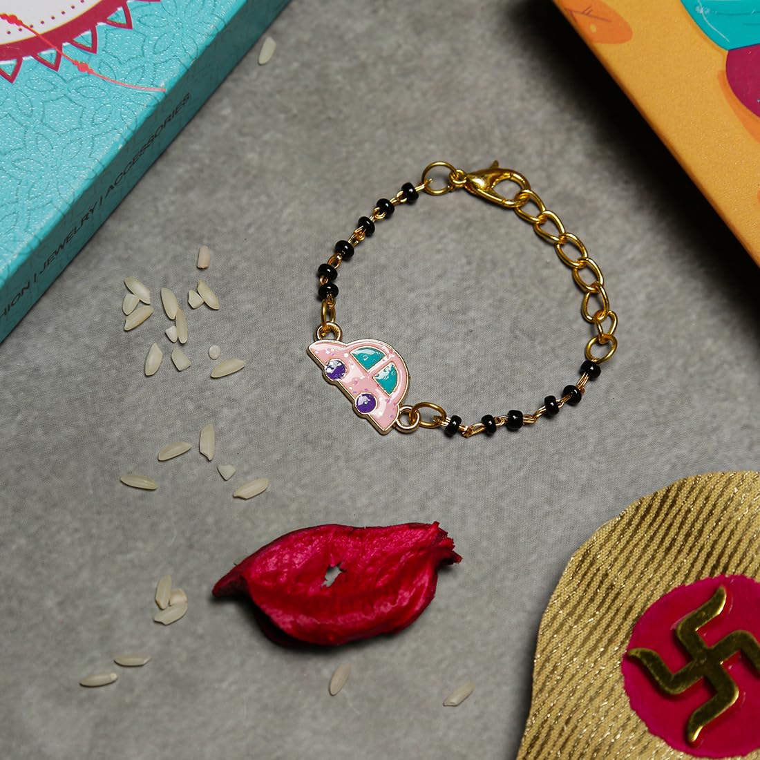 El Regalo 1PC Cute Kids Nazaria Rakhi for Little Brother - Kids Chrams Nazaria Rakhis for Babies/Toddlers with Roli Chawal, Rakhi Message Card in Rakhi Gift Box (Pink Car Nazaria)
