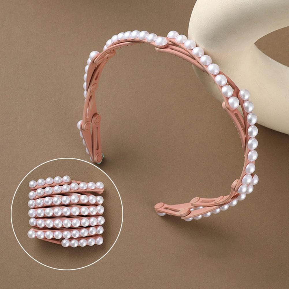 El Regalo Stretchable Foldable Pearl Headband for Women & Girls - Elegant Anti-Slip Hairband for Long & Short Hair, Portable Retractable Hair Accessory for Travel & Everyday Wear (Pink, One Size)