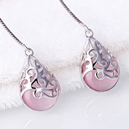 El Regalo Modern Opal Cat's Eye Drop Threader Earrings for Girls & Women - Perfect Valentines Day Gift for Her (Pink Threader)