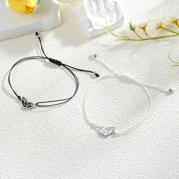 El Regalo 2PCs Butterfly Friendship Bracelets Set for Girls - Adjustable Handmade BFF Strand Bracelets for Best Friends - Symbolic Matching Jewelry for Birthday, Christmas, Graduation, Anniversary (Black & White)