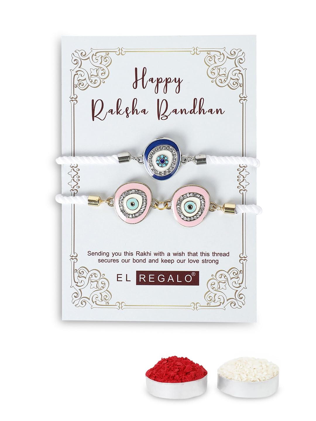 El Regalo 2PCs Designer Evil Eye CZ Rakhi Combo Set for Brothers/Bhaiya-Bhabhi/Brother-Nephew with Roli Chawal, Rakhi Message Card in Rakhi Gift Box (Blue & Pink)