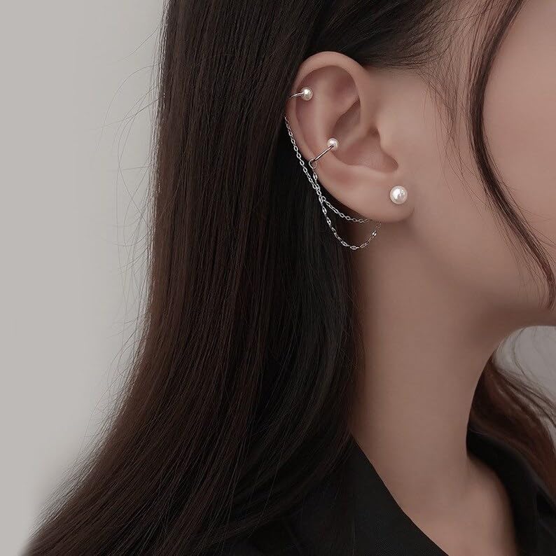 El Regalo Women's 1 Pair Pearl Studs Ear Cuff Earrings- Tassel Chain Imitation Pearl Punk Style Ear Cuff Clip Earrings