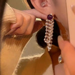 El Regalo Elegant Purple Stone Stud Pearl Tassel Earrings for Women & Girls, Multi-Strand Pearl Drop Dangle Earrings, 6cm Long Gold Plated Statement Earrings