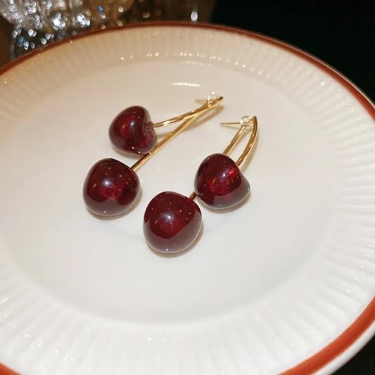 El Regalo Cute Red Double Cherry Front Back Jacket Earrings for Girls & Women | Glossy Fruit Design Gold-Tone Earrings | Fashion Statement Dangle Earrings for Party & Casual Wear