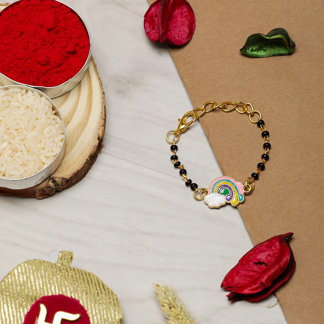 El Regalo 1PC Cute Kids Nazaria Rakhi for Little Brother - Kids Chrams Nazaria Rakhis for Babies/Toddlers with Roli Chawal, Rakhi Message Card in Rakhi Gift Box (Rainbow Cloud Nazaria)