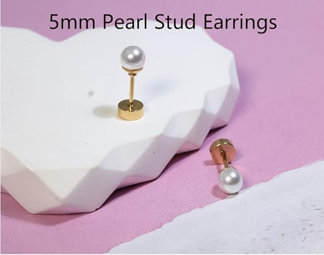 El Regalo Pearl Stud Earrings- 14K Gold Finish Screw Back Pearl Hypoallergenic 316L Surgical Steel Stud Earrings for Girls/Kids/Women- Cartilage/Helix Earrings Earrings (5mm)