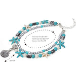 El Regalo Antique Silver Tone Multi Layer Turquoise Beach Beaded Bohemian Fashion Charm Anklets for Women & Girls (Shell Charm)
