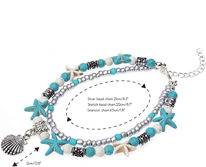 El Regalo Antique Silver Tone Multi Layer Turquoise Beach Beaded Bohemian Fashion Charm Anklets for Women & Girls (Shell Charm)