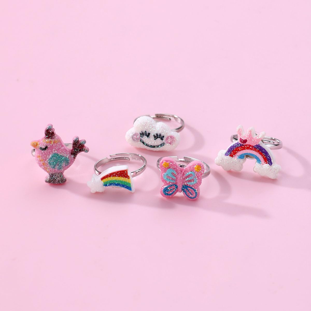El Regalo 5PCs Kids Rings Set- Little Girl Adjustable Rings Gift Combo Pack with Shell/Rainbow Shape Box- Jewelry Gifts for Girls Kids (Rings Rainbow Gift Box)