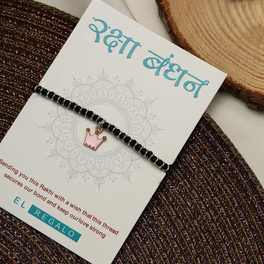 El Regalo Kids Rakhi for Baby Brother - Cute Charms Evil Eye Nazaria Rakhi with shagun, Rakhi Message Card in Rakhi Gift Box for Kids/Babies/Toddlers (Pink Crown)