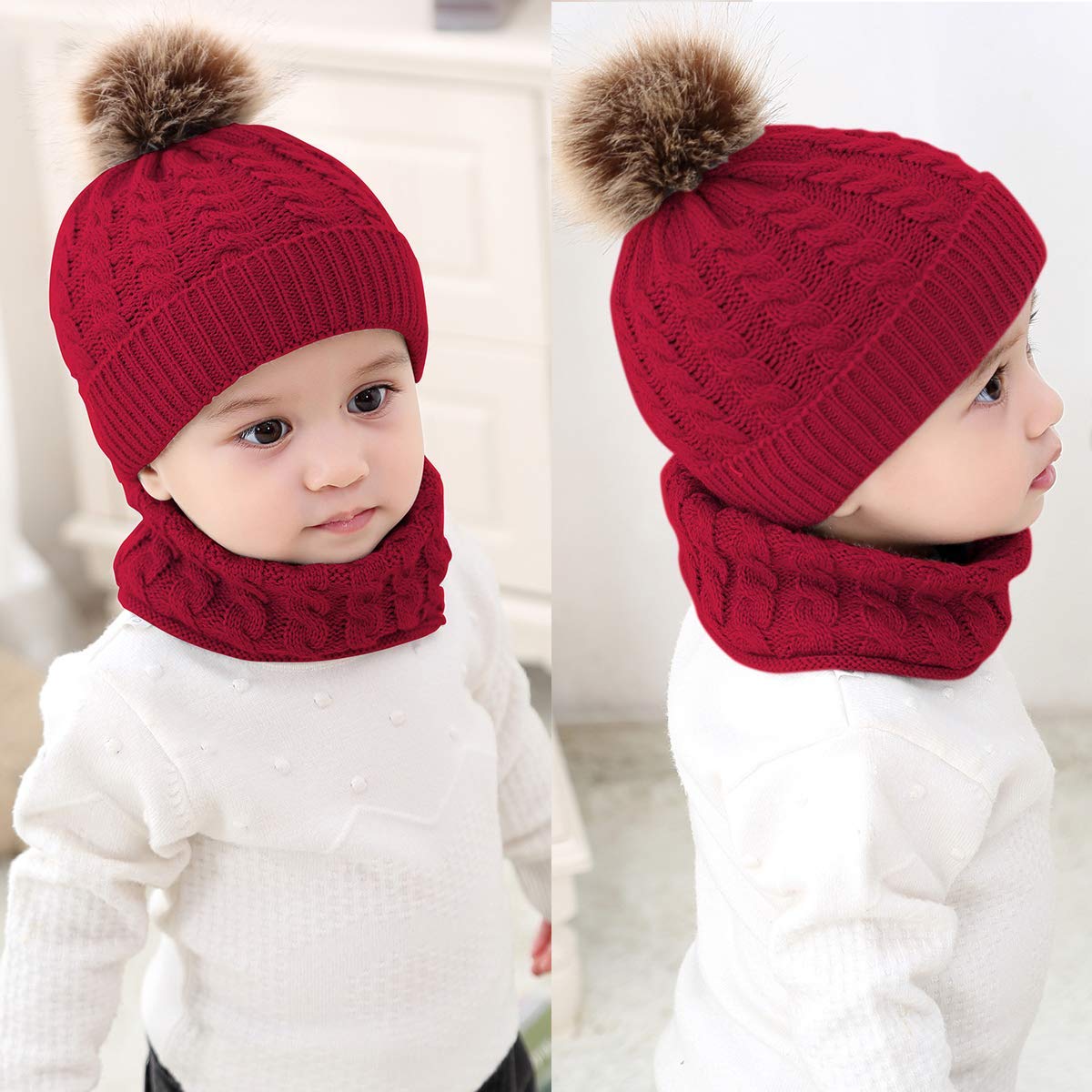 El Regalo Knitted Winter Hat and Scarf Combo Set for Kids. Warm Cap Beanie Pom Pom (Red)