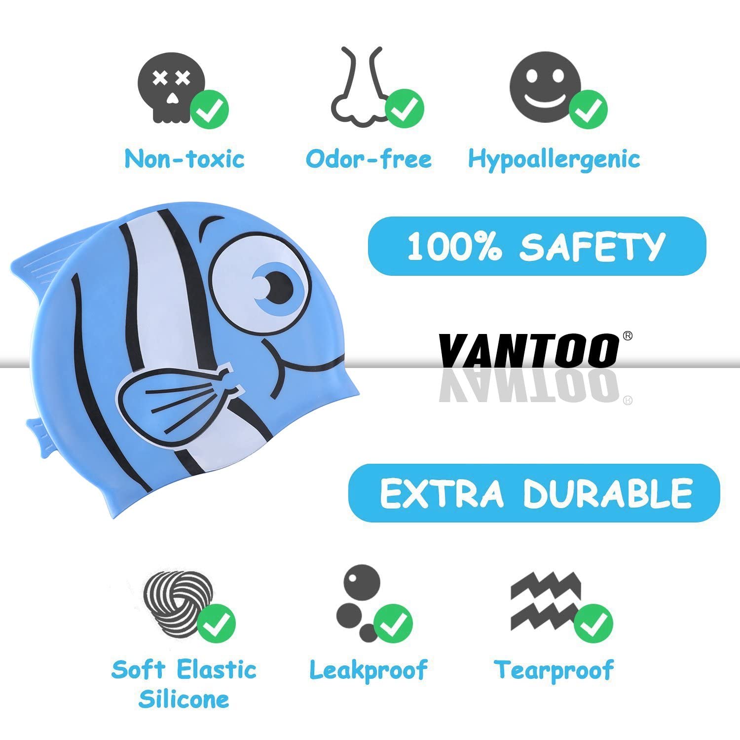 El Regalo Cartoon Fish Swimming Caps for Kids/Girls/Boys (4-16 Years Age Group)- Silicone Waterproof Stretchy Swimming Caps for Girls Boys for Long & Short Hair (Blue)