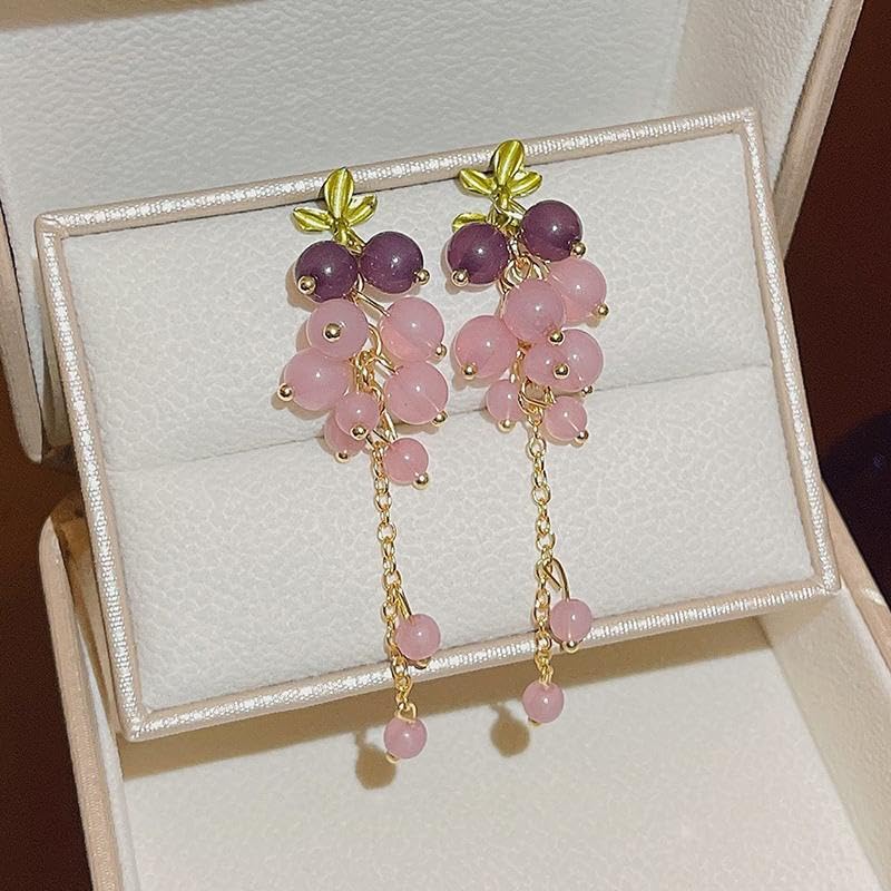 El Regalo Purple Grape Bunches Crystal Bead Drop Earrings for Girls & Women- Handmade Acrylic Fruit Dangle Drop Fashion Earrings (Grapes Tassel)