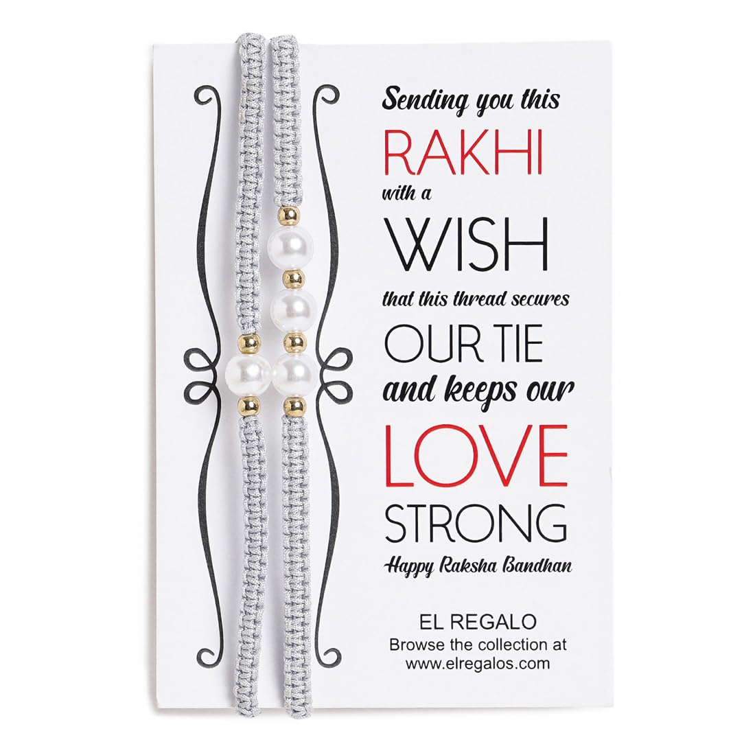 El Regalo 2PCs Pearls Rakhi Combo Set for Bhaiya-Bhabhi/Bhai- Bhatija/Bhatiji- Rakhi Gift Combo with 2 Pearls Rakhi, Roli-Chawal Shagun Pack, Message Card in Gift Box (Grey)