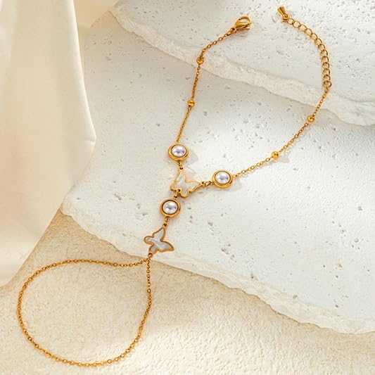 El Regalo 1PC Stainless Steel Non-Tarnish Hand Chain Bracelet with Finger Ring | Elegant & Trendy Adjustable Golden Bracelet for Women & Girls (Buterfly Pearl)
