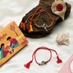 El Regalo 2PCs Rakhi Set for Brother- Auspicious OM, Ganesha, Rudraksha, Krishna Red Moli Thread Rakhi for BHai/Bhatija with Roli Chawal, Message Card in Rakhi Gift Box (OM Rudraksha Rakhi)
