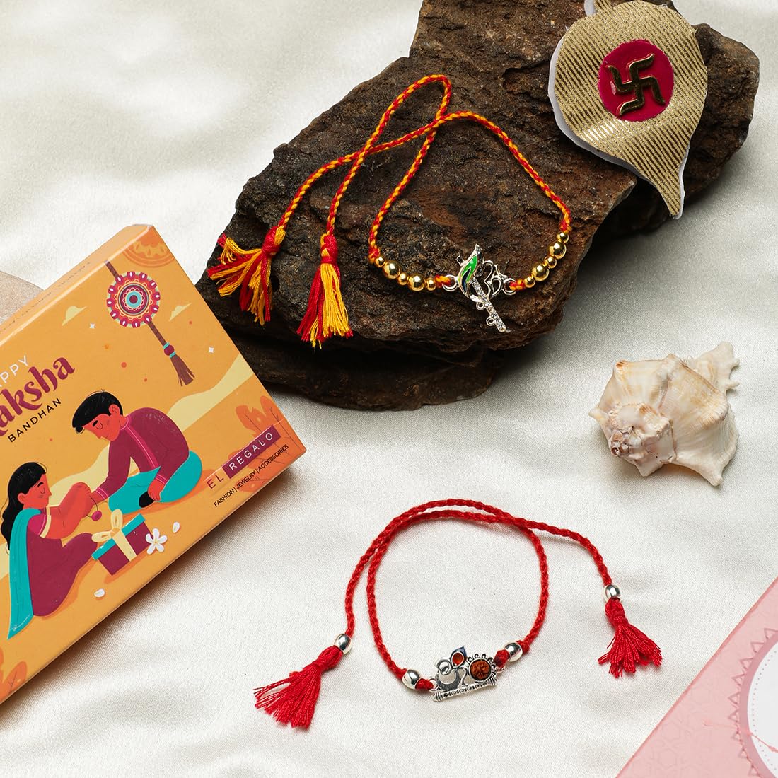 El Regalo 2PCs Rakhi Set for Brother- Auspicious OM, Ganesha, Rudraksha, Krishna Red Moli Thread Rakhi for BHai/Bhatija with Roli Chawal, Message Card in Rakhi Gift Box (OM Rudraksha Rakhi)