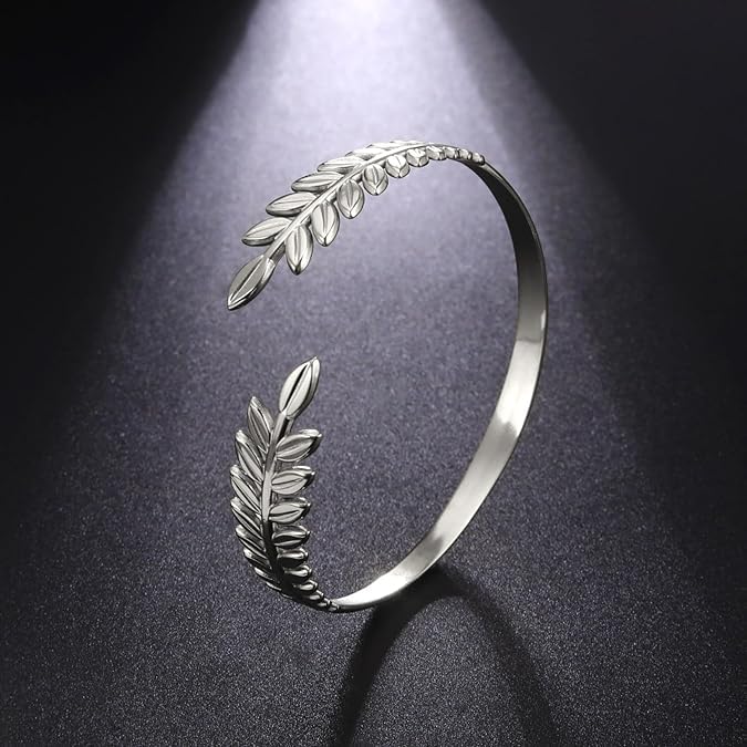 El Regalo Stainless Steel Olive Leaves Open Cuff Bracelet for Women- Anti Tarnish/Waterproof Western Vintage Style Bracelets (Silver)