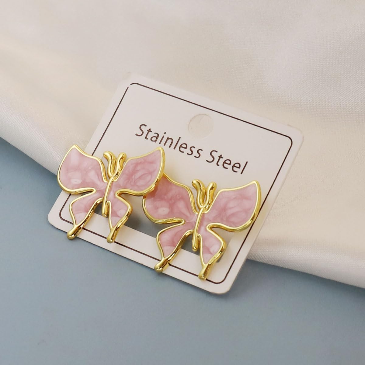 El Regalo 1Pair Stainless Steel Anti-Tarnish Pink Enamel Earrings for Girls & Women | Trendy & Cute Leaf, Bow, Ribbon, Strawberry & Butterfly Stud Earrings (Butterfly Stud)