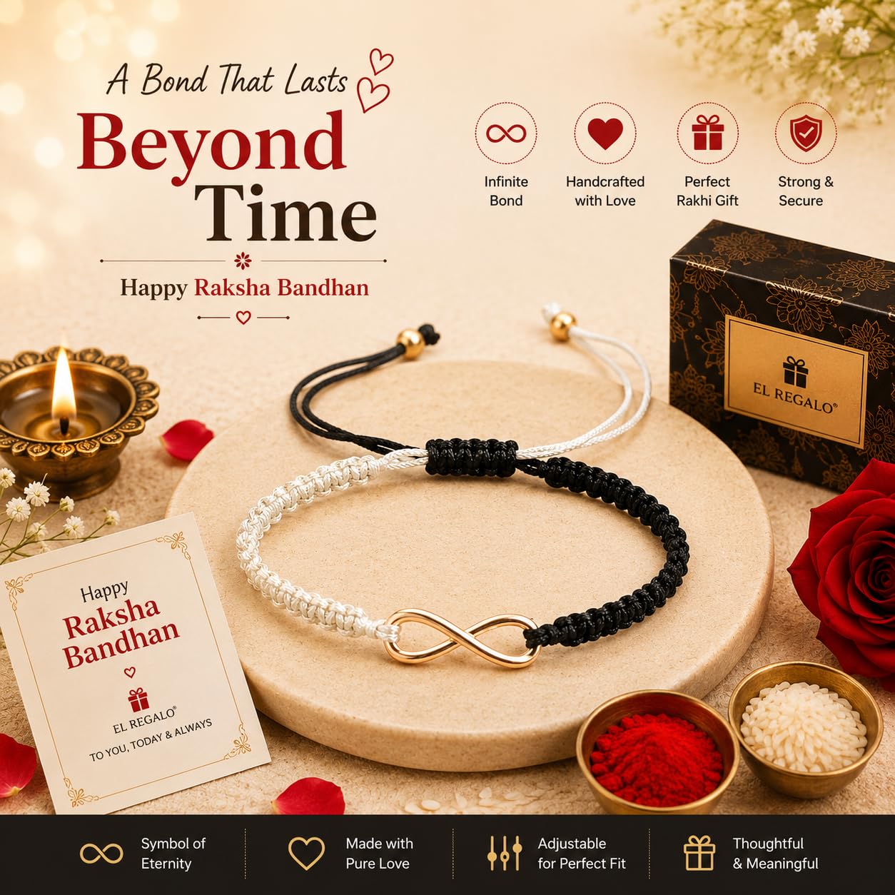 El Regalo 1PC Minimalist Infinity Rakhi for Brother- Simple Infinity Rakhi with Roli Chawal, Rakhi Message Card in Rakhi Gift box for Brother (Black & White Shade)