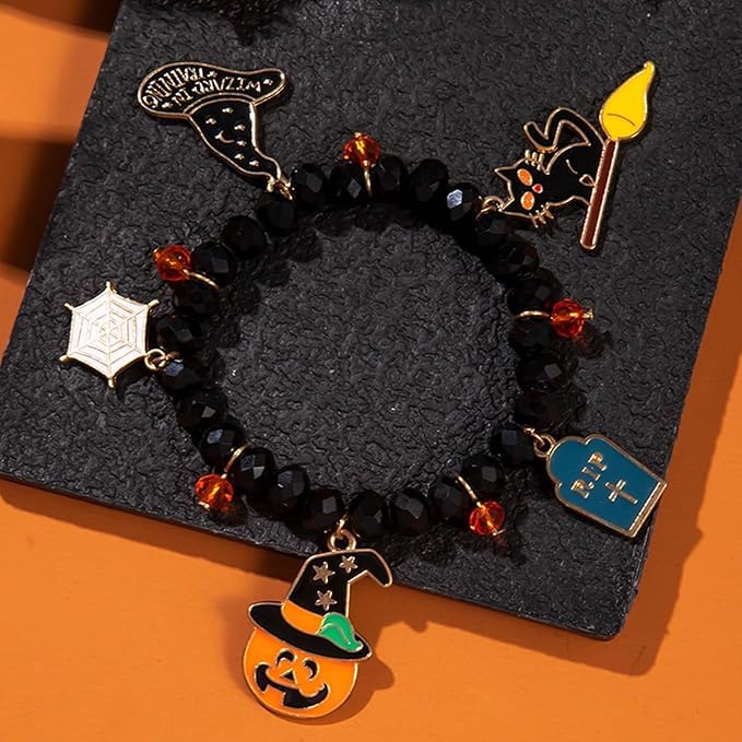 El Regalo 1PC Halloween Bracelet for Girls & Women- Halloween Beaded Stretch Bracelet Ghost Pumpkin Spider Cat Witch Charm Bracelet Halloween Costume Jewelry (Style-1)