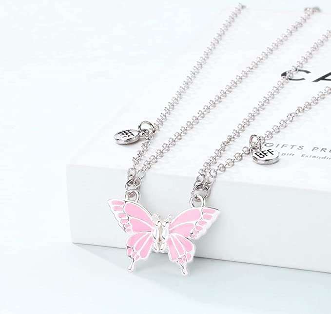 El Regalo Magnetic Butterfly BFF Necklaces for 2, Enamel Butterfly Friendship Magnetic Necklace for Teen Girls Women - Gift for Best Friends/Besties/Sisters (Pink Butterflies)