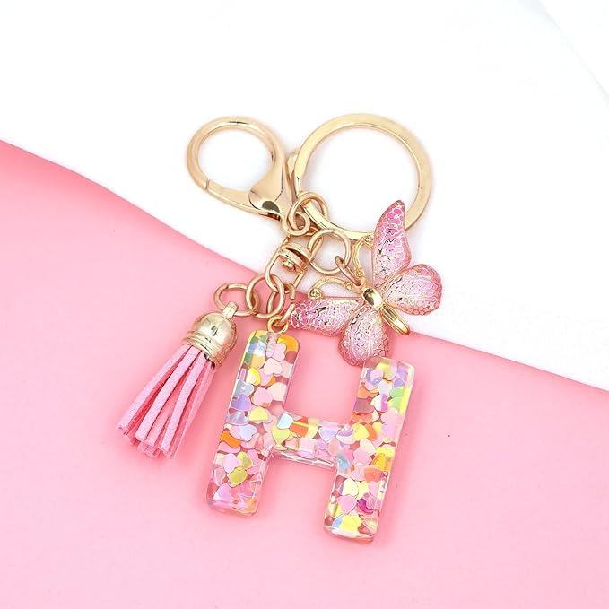 El Regalo Personalized Name Initials Butterfly Charm Keychain - Custom Letter Keyring with Pink Tassel & Butterfly Pendant, Purse, Bag, Backpack Accessory (H Letter)