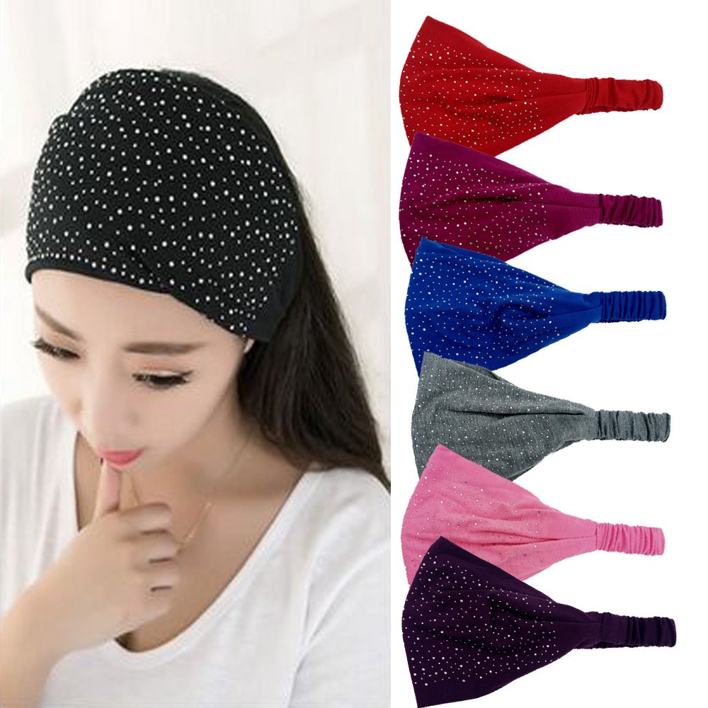 El Regalo Rhinestone Elastic Bandana Wide Sports Headband/Hair Band for Women & Girls (Black)