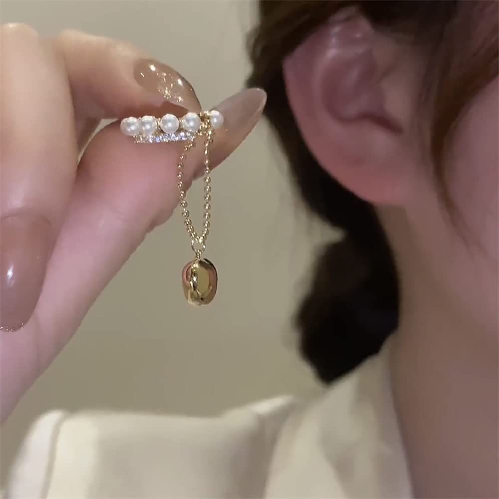 FUTIMELY Pearl Hoop Earrings Heart Chain Ear Cuff, Adjustable Non-Piercing Cartilage Clip On Earrings 2PCS Set for Women
