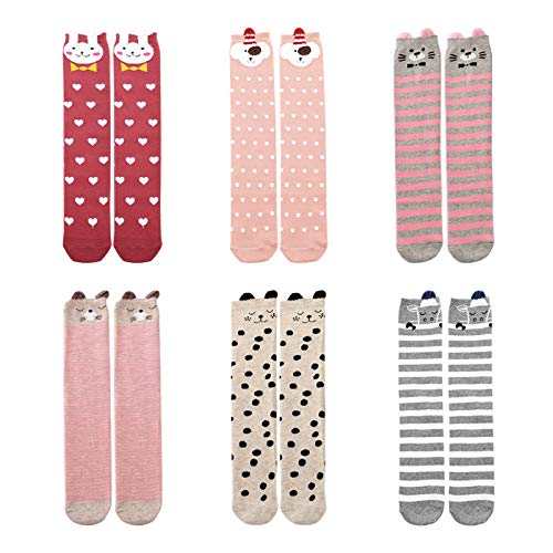 El Regalo Cartoon Warm Cotton Calf Length Socks/Tights for Girls/Kids (Pink White Stripe) | Kids High Knee Socks