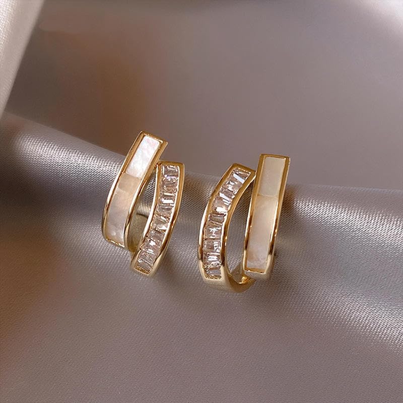El Regalo Double Row C-Hoop Earrings for Women & Girls | Hypoallergenic Geometric Studs | Cubic Zirconia & Enamel/Shell Inlay | Elegant Daily, Office & Party Earrings Jewellery (White)