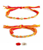 El Regalo 2PCs Red & Yellow Moli Thread Rakhi Combo Set for Brother- Auspicious OM, Ganesha, Satiya, Lion etc. Mauli Rakhi with Roli Chawal Shagun, Message Card in Rakhi Gift Box (Option-5)