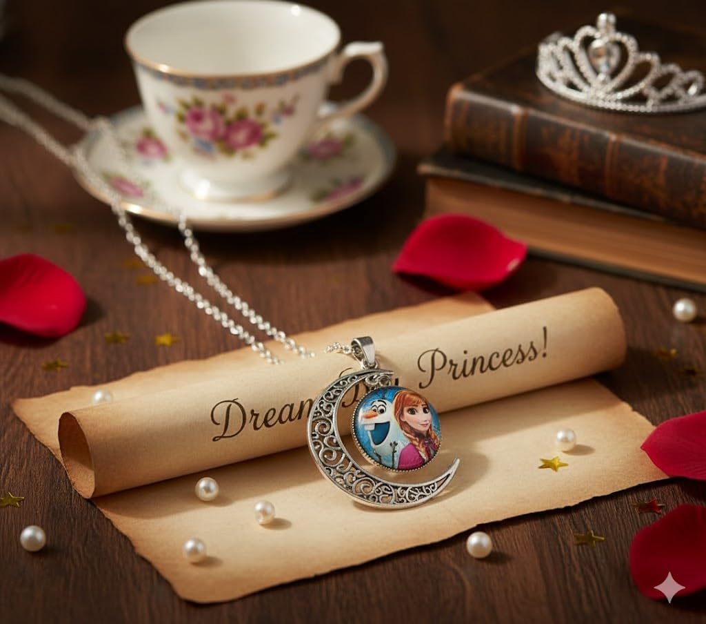 El Regalo Princess Crescent Moon Pendant Necklace for Girls- Enchanted Fairytale Character Jewelry with Filigree Detail, Silver-Tone Chain, Perfect Birthday Return Gift or Party for Toddlers and Kids (Style-6)