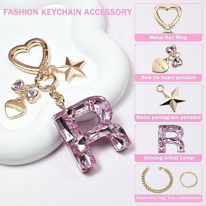 El Regalo Personalized Glitter Initial Letter Keychain for Girls & Women - Cute Pink Resin Alphabet Keyring with Heart & Star Charms - Fancy Luxury Bag Accessory & Birthday Gift (Letter R)