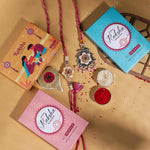 El Regalo Designer Bhaiya- Bhabhi Rakhi Luma/Lumba Set- Kundan, Pearls Rakhi with Roli Chawal in Gift Box- Luma Convertible into Necklace (Option-7)