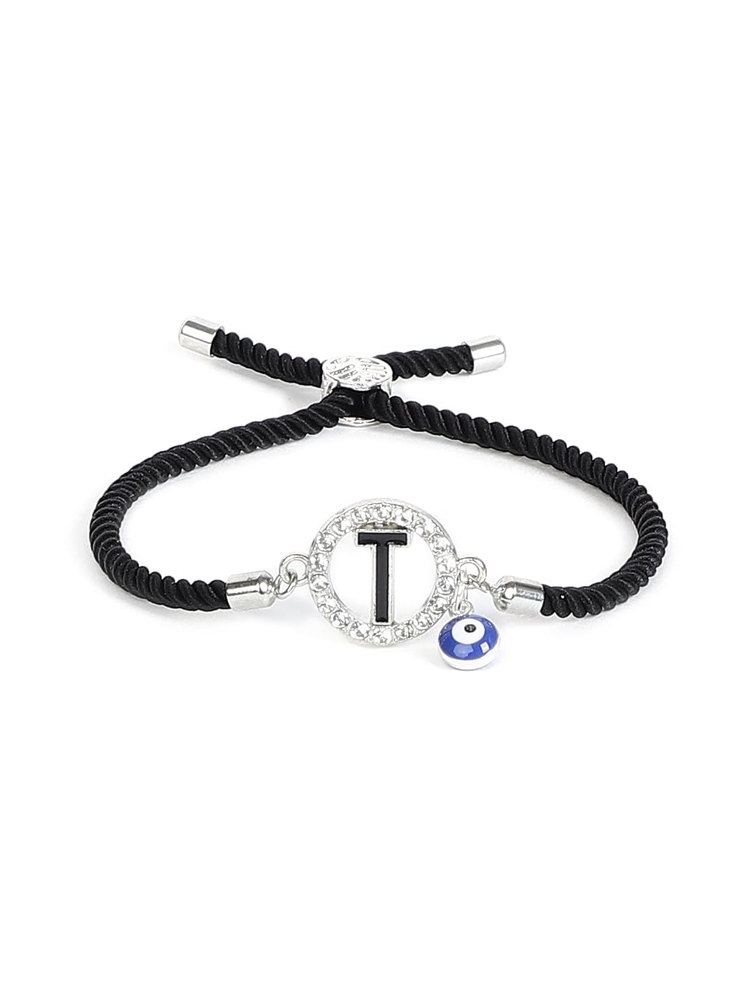 El Regalo Name Initials Evil Eye Bracelet Rakhi for Brother- Name Letter CZ Rakhi with Roli Chawal, Message Card in Rakshabandhan Box for Bhai (Black-T)
