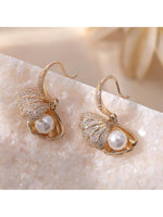 El Regalo Pearl Shell-Shaped Earrings - Fashionable Cute Inlaid Cubic Zirconia Pearls Shell Hook Earrings for Girls & Women, Elegant Sea-Inspired Design
