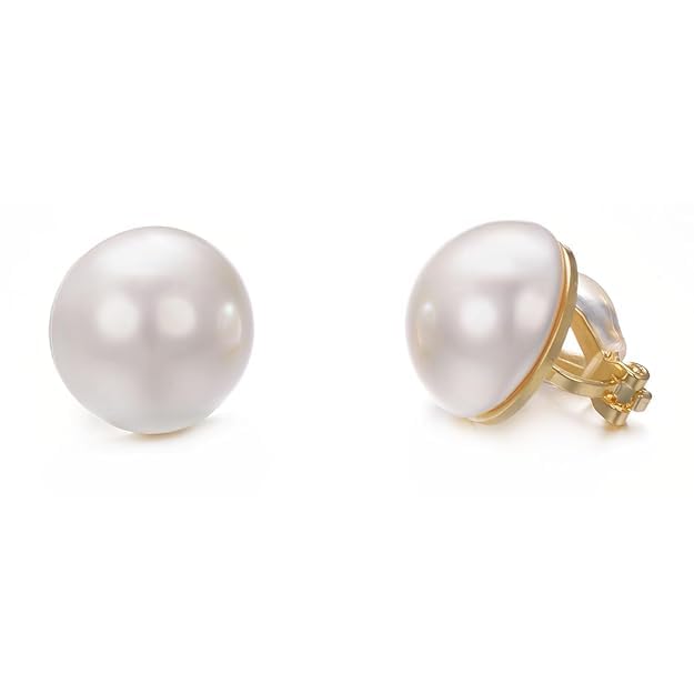 El Regalo White Large Pearl Clip on Earrings for Non Pierced Ears- 18k Gold Plated Non Piercing Cuff Fashion Earrings
