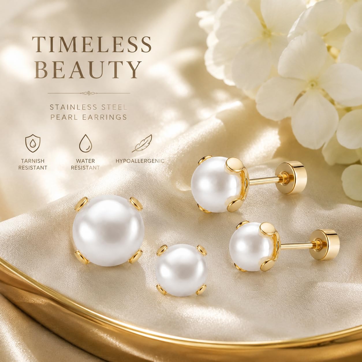 El Regalo Stainless Steel Pearl Stud Earrings Combo for Women & Girls | 3 Pairs Minimal Pearl Earrings Set | Hypoallergenic Gold Plated Round Cartilage Stud Earrings (Style-1)