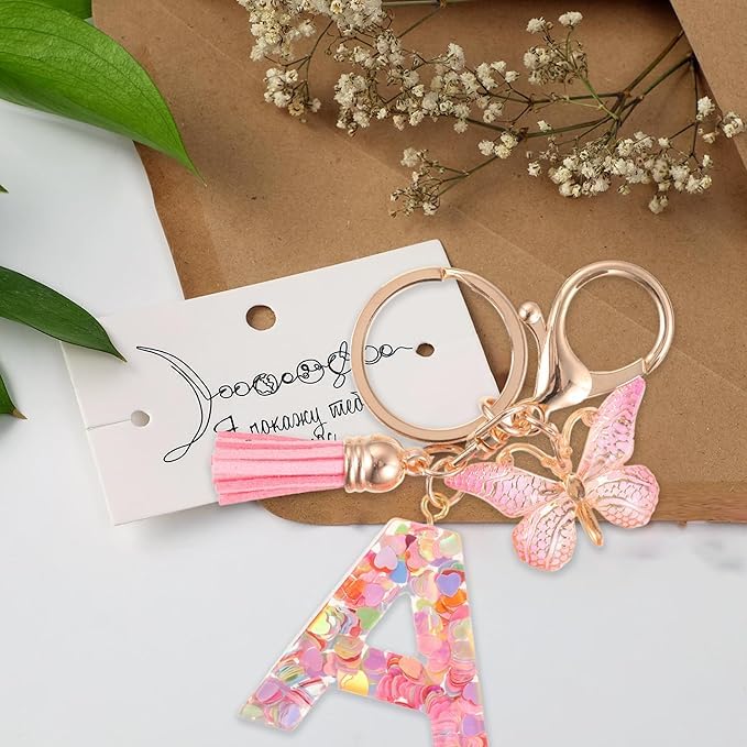 El Regalo Personalized Name Initials Butterfly Charm Keychain - Custom Letter Keyring with Pink Tassel & Butterfly Pendant, Purse, Bag, Backpack Accessory (A Letter)