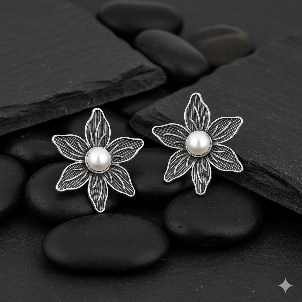 El Regalo Oxidized Rose Flower Statement Earrings- Silver Lookalike Brass Floral Ghungroo Earrings with Antique Silver Finish for Women